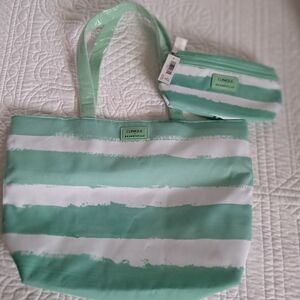 DRAWBERTSON for Clinique Mint Stripe Tote with Matching Pouch